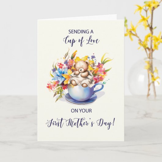 Eerste Moederdag Cup van liefde en Beer Kaart (Gele Bloem)