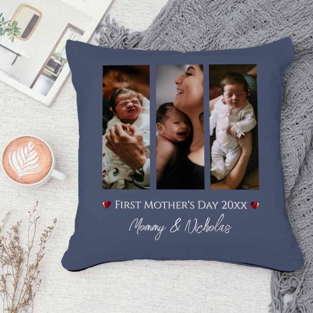 Eerste Moederdag Drie Foto Collage Blauw Kussen (Blue First Mother's Day Three Photo Collage Throw Pillow)