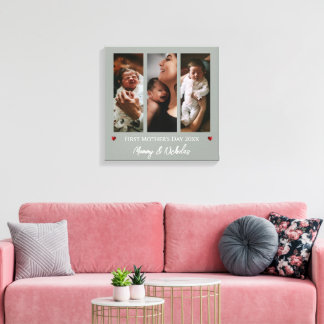 Eerste Moederdag Drie Fotocollage Sage Green Canvas Afdruk