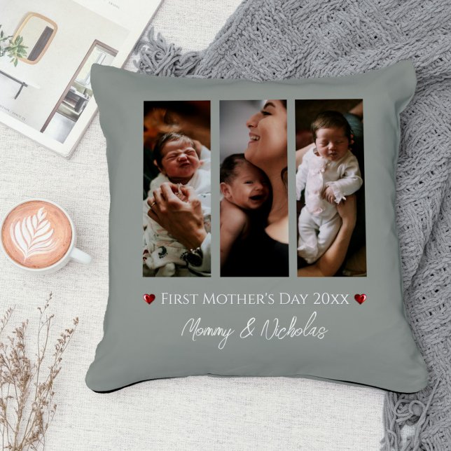 Eerste Moederdag Drie Fotocollage Sage Green Kussen (Sage Green First Mother's Day Three Photo Collage Throw Pillow)