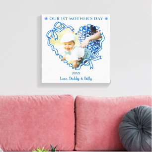 Eerste Moederdag Foto Hart Frame Baby Blauwe Strik Canvas Afdruk