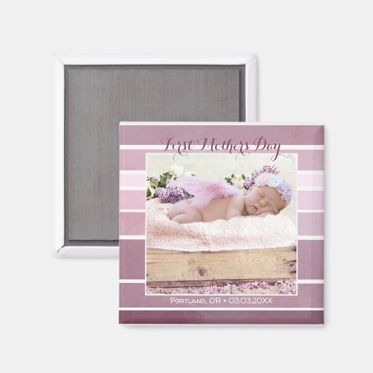 Eerste Moederdag Lila Gestreepte Baby fotomagneet Magneet (Voorkant / Achterkant)