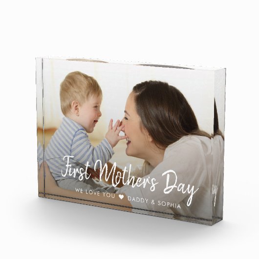 Eerste Moederdag Modern Script Baby Photo Block Fotoblokken (Rechts)