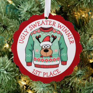 Eerste plaats lelijkste kersttrui winnaar ornament kaart