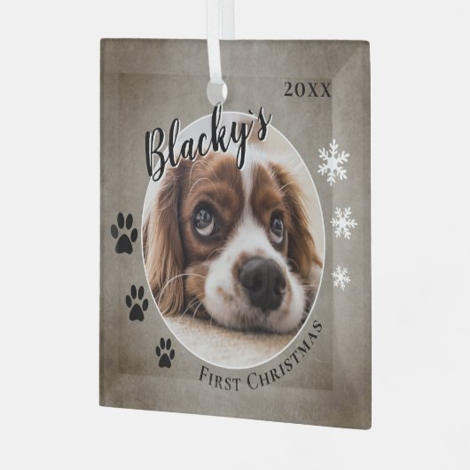 Eerste puppy Kerstmis Rustic Dog Name Foto Glas Ornament (Voorkant links)
