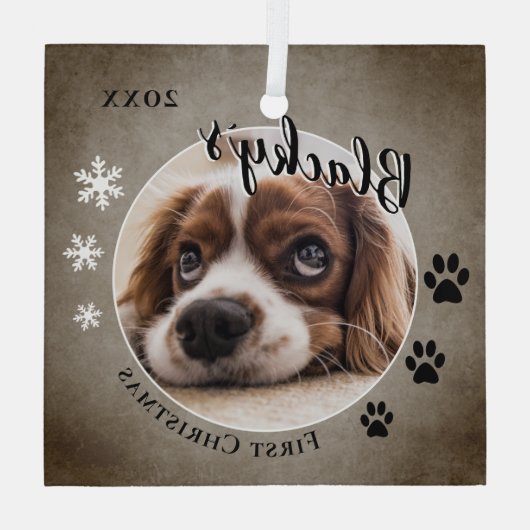 Eerste puppy Kerstmis Rustic Dog Name Foto Glas Ornament (Achterkant)