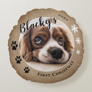 Eerste puppy Kerstmis Rustic Dog Name Foto Rond Kussen