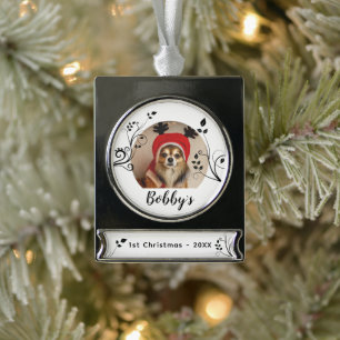 Eerste puppy met kerstmis Black Foliage Dog Name F Verzilverd Banner Ornament