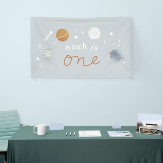 ‘Eerste reis’ Blue Space Theme 1e verjaardag Spandoek (Beurs)