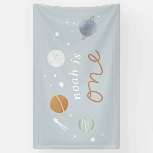 ‘Eerste reis’ Blue Space Theme 1e verjaardag Spandoek (Verticaal)