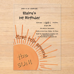 Eerste reis rond de zon 1e verjaardag acryl uitnodigingen