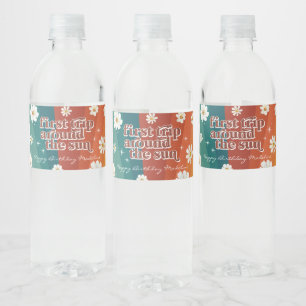 Eerste reis rond de zon   Retro madeliefje regenbo Waterfles Etiket