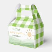 Eerste reis rond zon gunstbox verjaardagsfeestje bedankdoosjes (Achterkant)