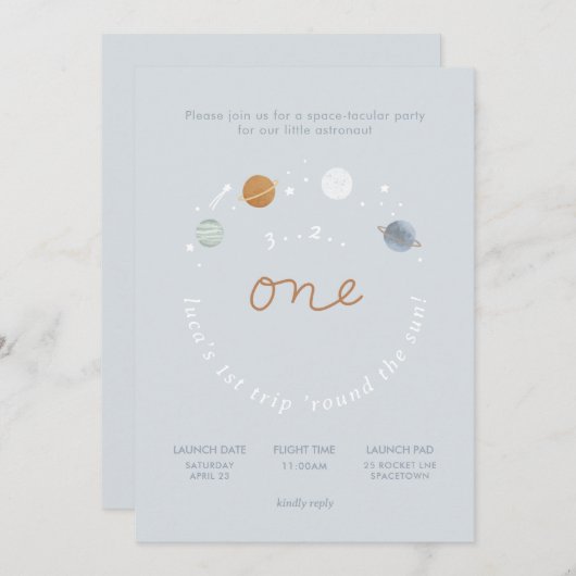 Eerste reis ruimtesthema 1e verjaardag uitnodiging (Voorkant / Achterkant)