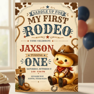 Eerste Rodeo 1e Verjaardag Cowboy Eend Uitnodiging