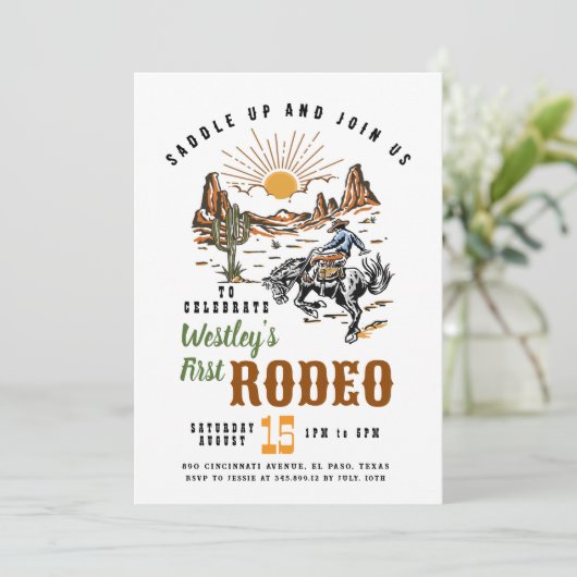 Eerste Rodeo Boy verjaardagsuitnodiging Kaart (Staand voorkant)