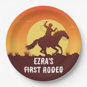 Eerste Rodeo Cowboy Sunset Verjaardag Papieren Bordje