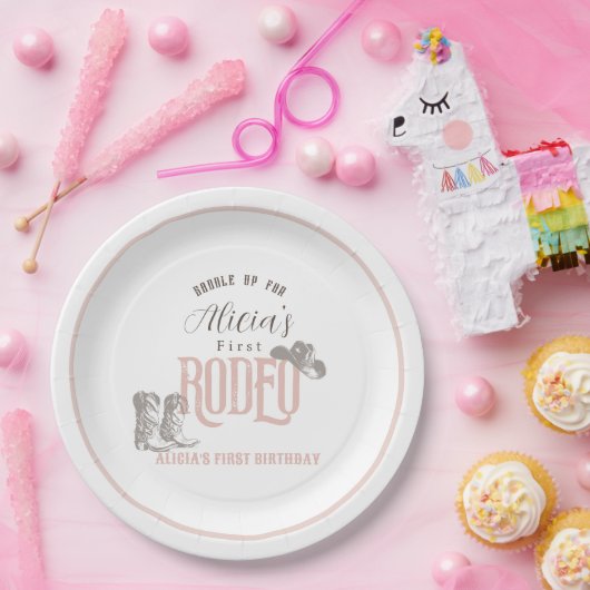 Eerste Rodeo Cowgirl Western Roze 1e Verjaardag Papieren Bordje (Feest)