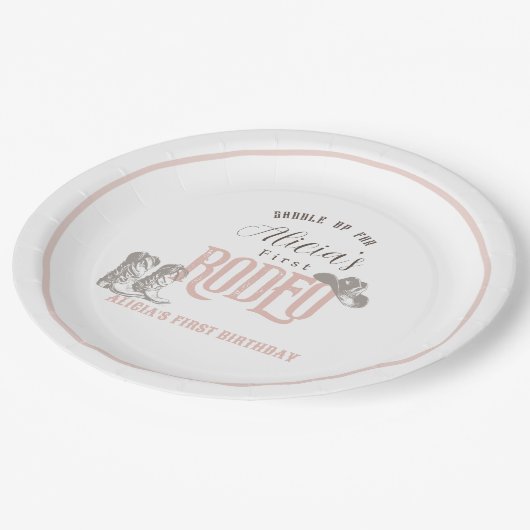 Eerste Rodeo Cowgirl Western Roze 1e Verjaardag Papieren Bordje (Gekanteld)