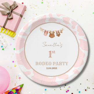 Eerste Rodeo Roze Cowgirl Westerse Verjaardag Papieren Bordje