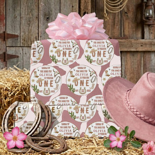 Eerste Rodeo Roze Western Cowgirl 1e Verjaardag Cadeaupapier