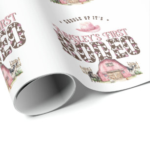 Eerste Rodeo Schattige Roze Gepersonaliseerde 1e V Cadeaupapier