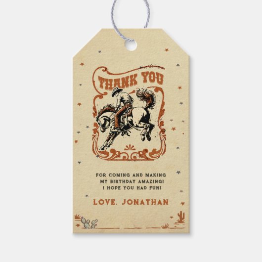 Eerste Rodeo Westerne Cowboy Verjaardag Dank u Cadeaulabel (Voorkant)