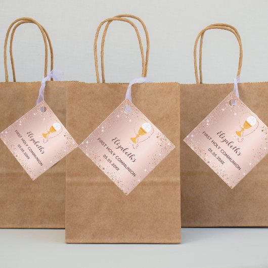 Eerste roos goudglitter van de gemeenschap bedankjes labels