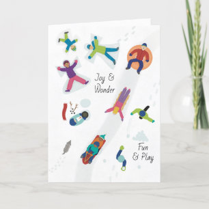 Eerste sneeuw winter kinderen spelen sneeuw engele feestdagen kaart