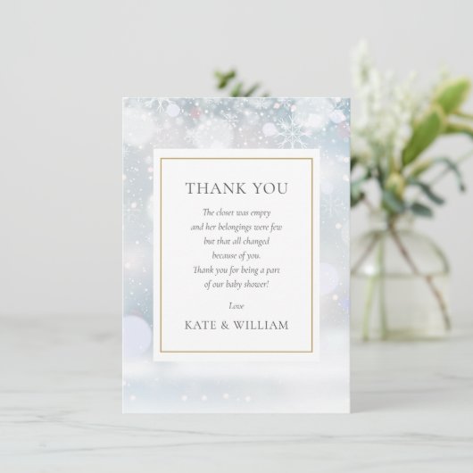 Eerste sneeuwvlokken babyfeest gedicht bedankkaart (Staand voorkant)