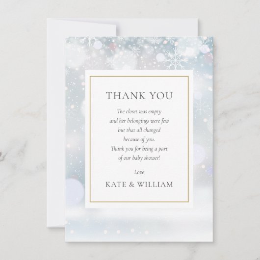 Eerste sneeuwvlokken babyfeest gedicht bedankkaart (Voorkant)