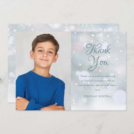 Eerste sneeuwvlokken Eerste Heilige Communie Bedankkaart (Voorkant / Achterkant)