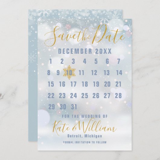 Eerste Sneeuwvlokken Kalender Bewaar de Datum Save The Date (Voorkant / Achterkant)