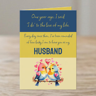 Eerste trouwdag husband blauwe gouden cute vogels kaart