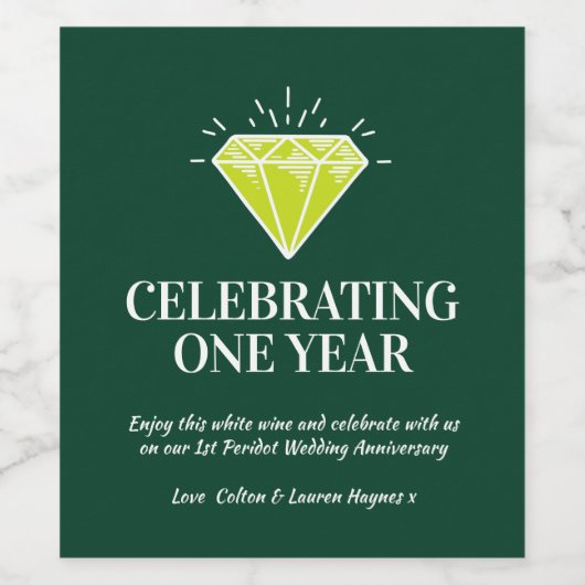 Eerste trouwdag: peridot groene gunst wijn etiket (Enkel label)