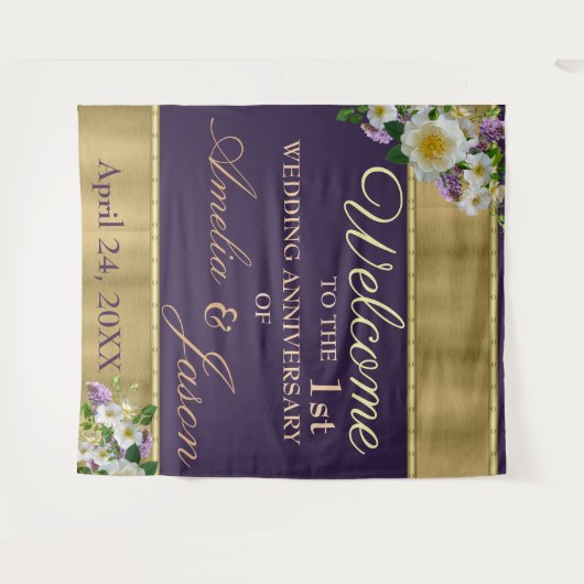 Eerste trouwdag welkom in goud geel wandkleed (Voorkant (horizontaal))