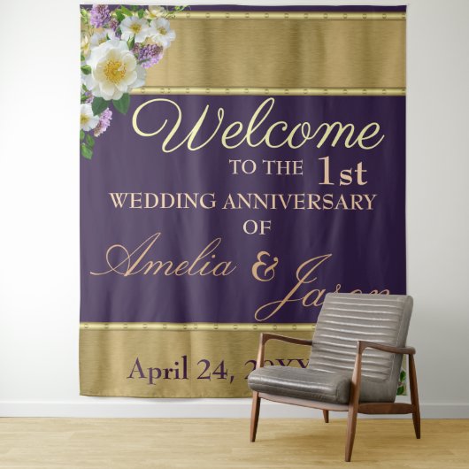 Eerste trouwdag welkom in goud geel wandkleed (In situ)