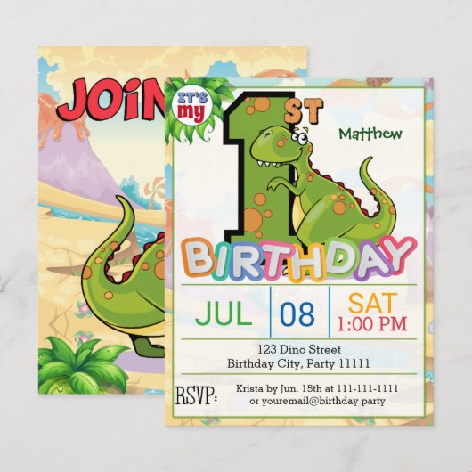 Eerste uitnodiging van Birthday Party Dinosaur (Voorkant / Achterkant)