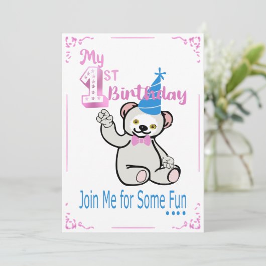 Eerste uitnodiging voor roze Birthday (Staand voorkant)