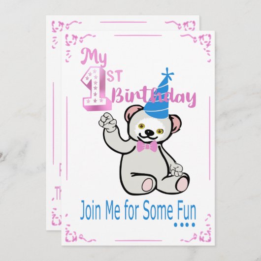 Eerste uitnodiging voor roze Birthday (Voorkant / Achterkant)