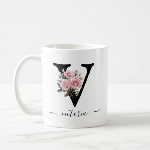 Eerste V Monogram Bloem Roze Rozen Mok