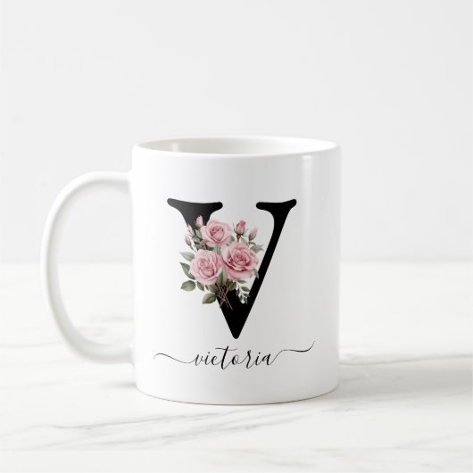 Eerste V Monogram Bloem Roze Rozen Mok (Links)
