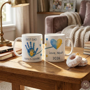 Eerste Vaderdag 2026 Blauwe Waterverf Handafdruk Koffiemok