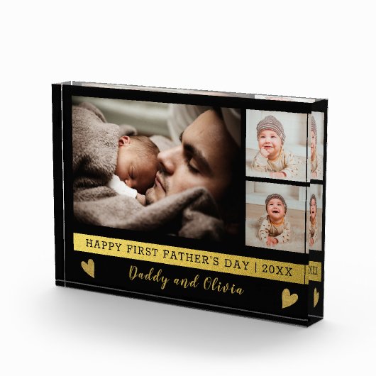 Eerste Vaderdag 3 Foto Collage Black en Gold (Rechts)