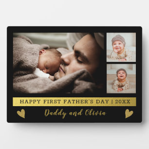 Eerste Vaderdag 3 Foto Collage Black en Gold Fotoplaat