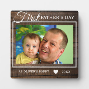Eerste Vaderdag als Poppy Rustic Wood Foto Fotoplaat