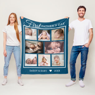 Eerste Vaderdag nieuwe vader 8 Foto Collage Blue Fleece Deken