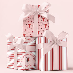 Eerste Valentijnsdag roze en rode strepen & harten Inpakpapier Vel