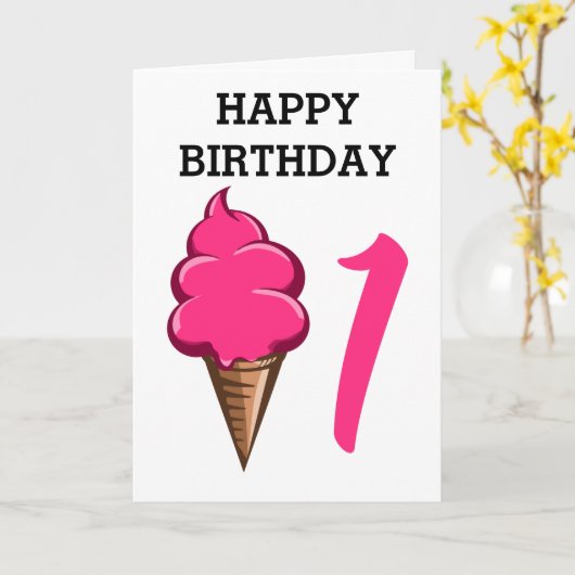 Eerste Verjaardag 1 jaar Meisjes Roze Ijs Kaart (Gele Bloem)