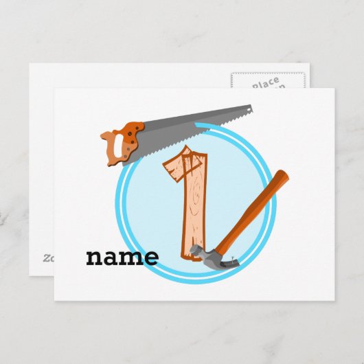 Eerste Verjaardag 1 jaar oud Gereedschap Bouwfeest Uitnodiging Briefkaart (Voorkant / Achterkant)